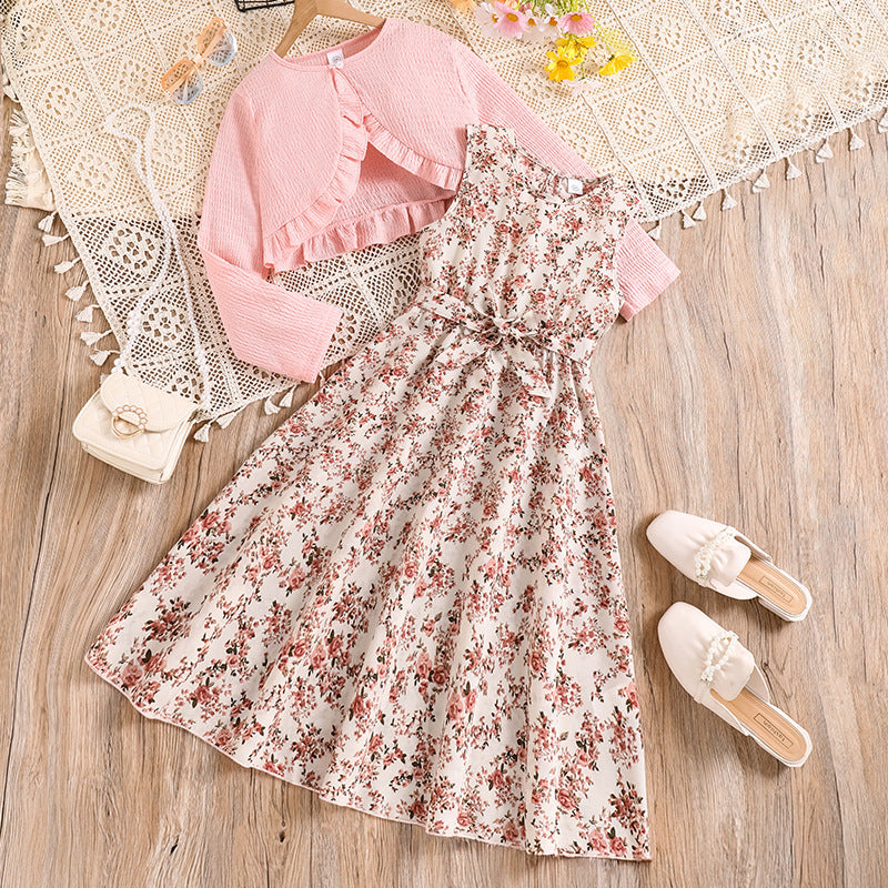 Girls Printed Dress with Long Sleeve Jacket |Kids Two Piece Outfit