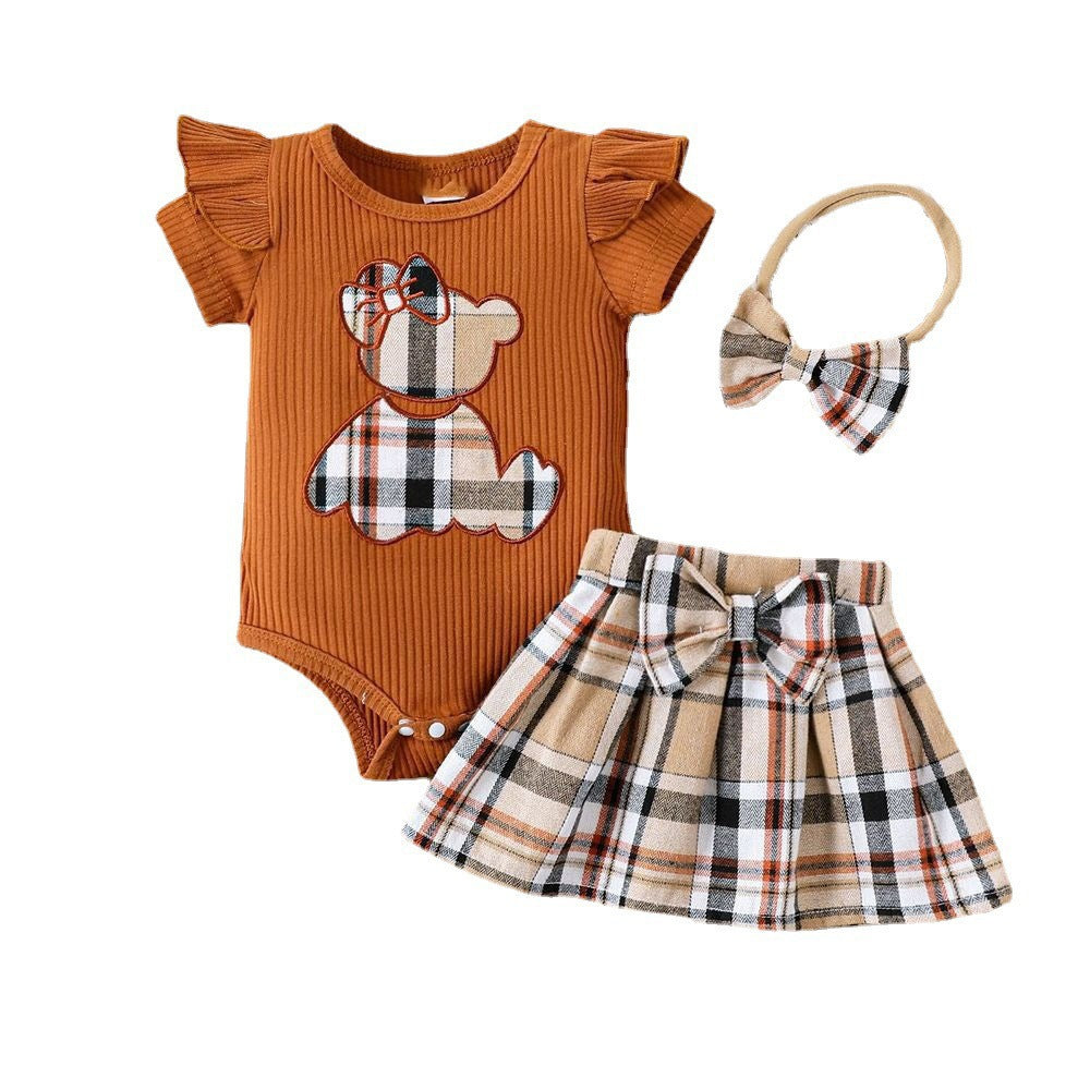 The Picnic Sweetheart | Newborn Baby Girl Plaid Skirt & Bear Romper Set