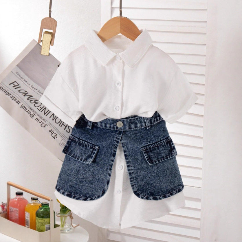 Girls Western Fashion Shirt Set - Short-Sleeve Denim Waist Skirt Outfit
