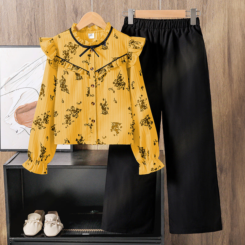 Vintage Romance | Girls Lace Print Long-Sleeve Shirt & Wide-Leg Pants Set