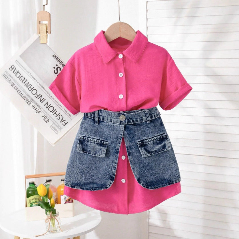 Girls Western Fashion Shirt Set - Short-Sleeve Denim Waist Skirt Outfit