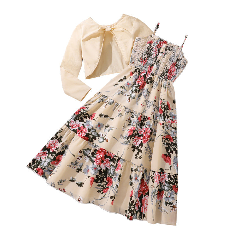 Girls Floral Suspender Dress with Long Sleeve Jacket | Spring Two Piece Set