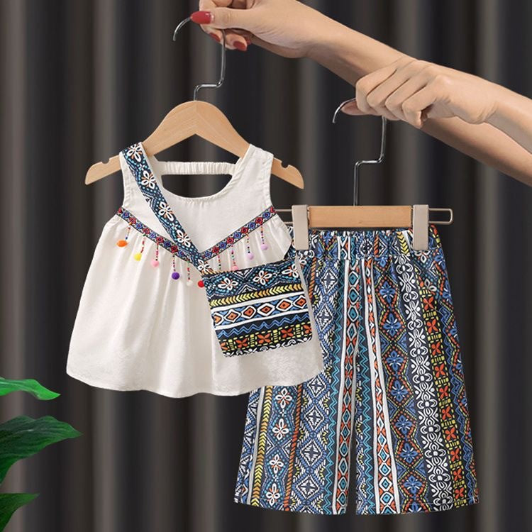 Girls Ethnic Style Summer Suit - Trendy Dopamine Wear Two-Piece Set