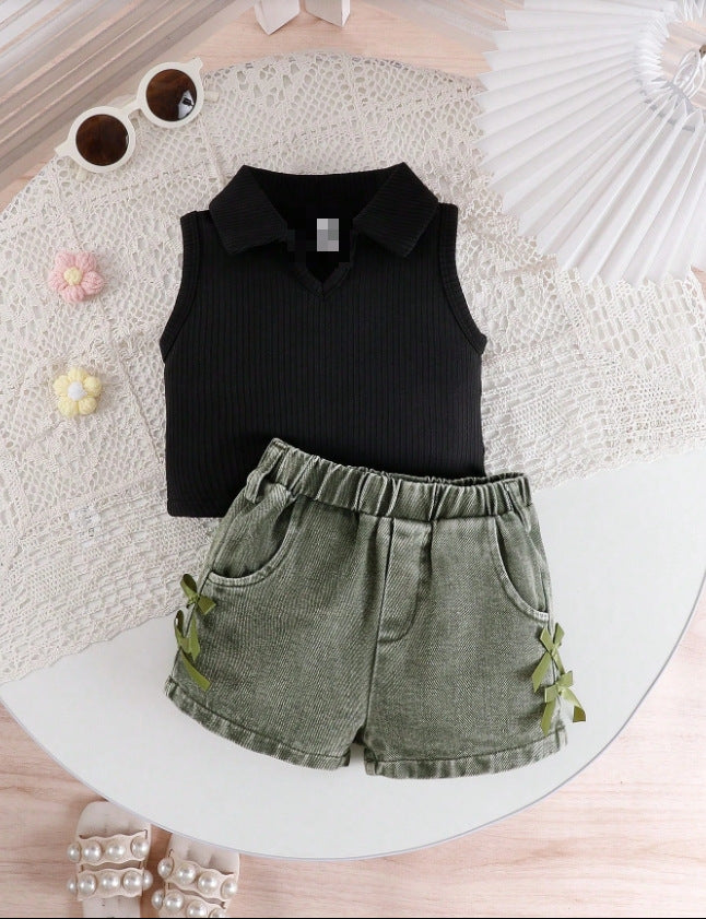 Girls Western Style Denim Set - Sleeveless Stand Collar Outfit