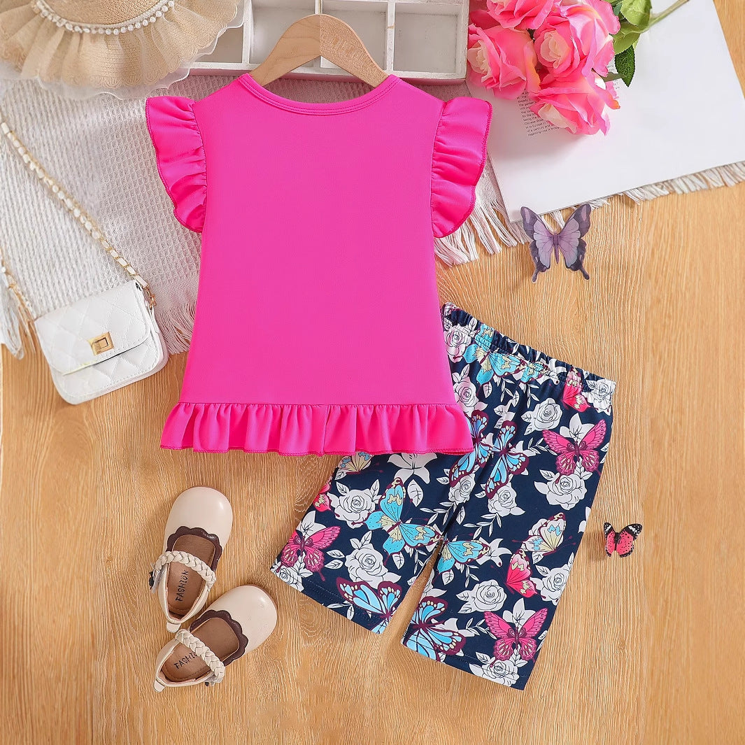 The Petal-Pop | Girls’ Summer Bow & Flower Full-Print Flying Sleeve Set