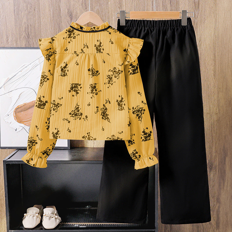 Vintage Romance | Girls Lace Print Long-Sleeve Shirt & Wide-Leg Pants Set