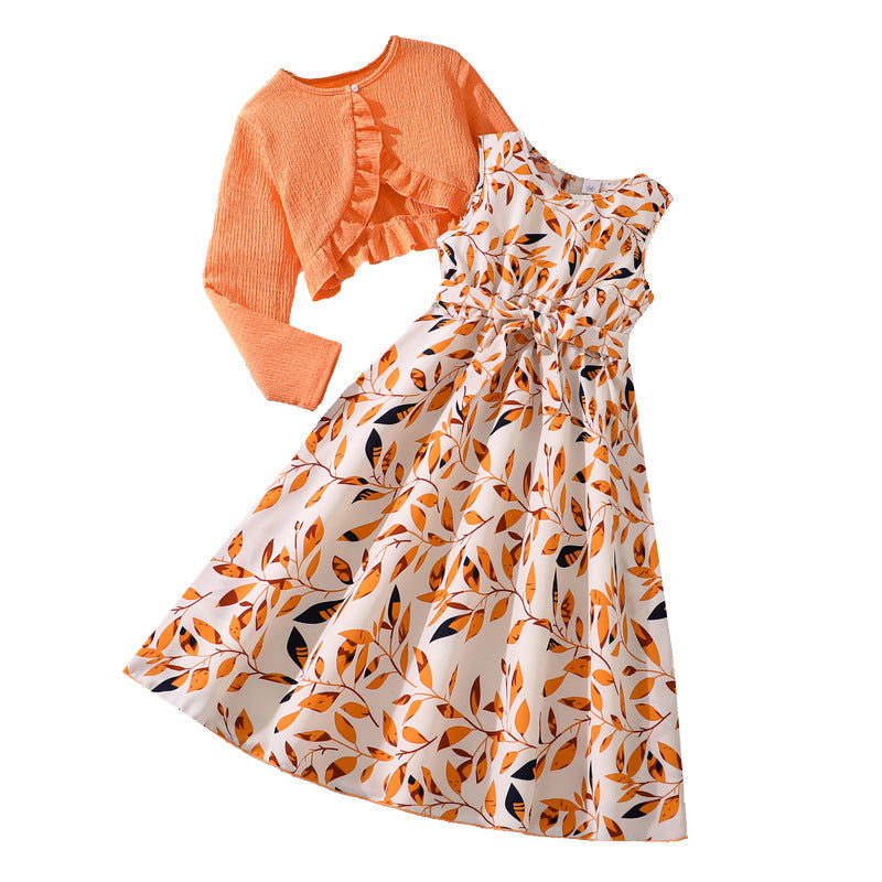 Girls Printed Dress with Long Sleeve Jacket |Kids Two Piece Outfit