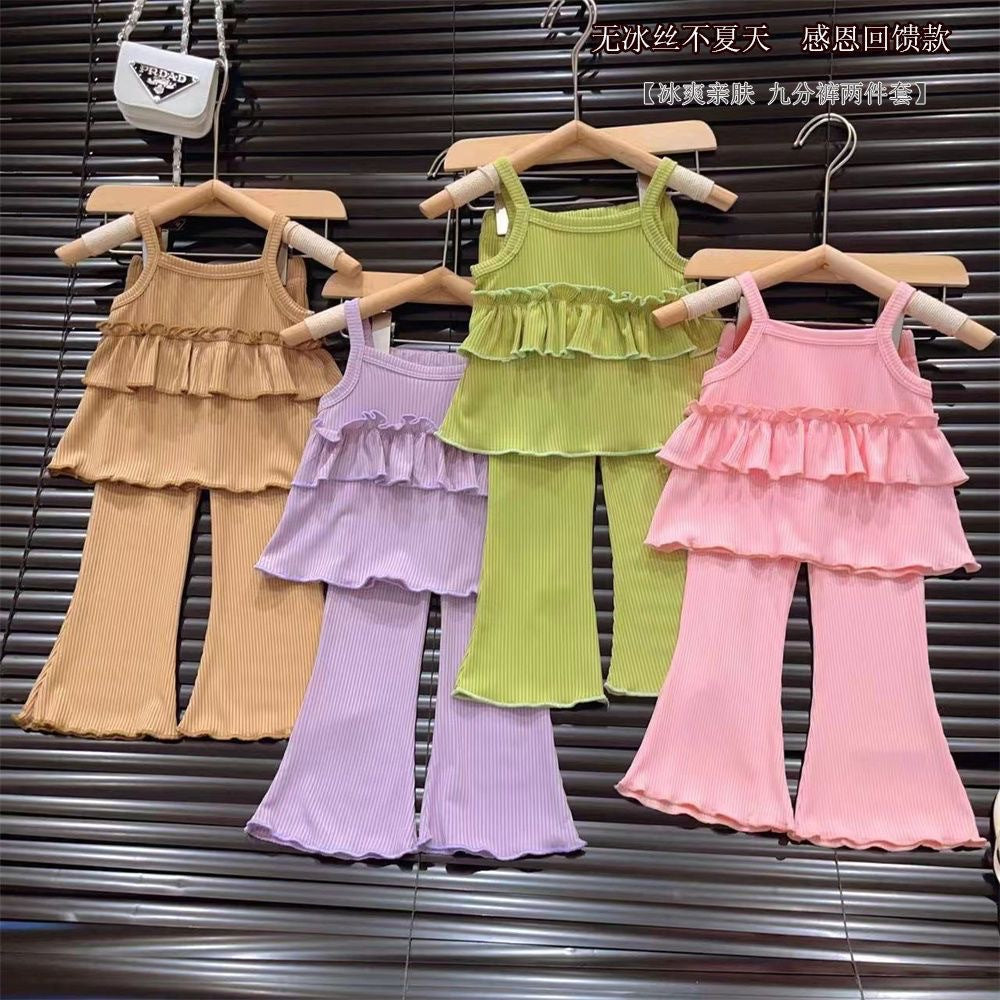 Girls Ice Silk Suspender & Flare Pants Set - Summer Two-Piece Outfit