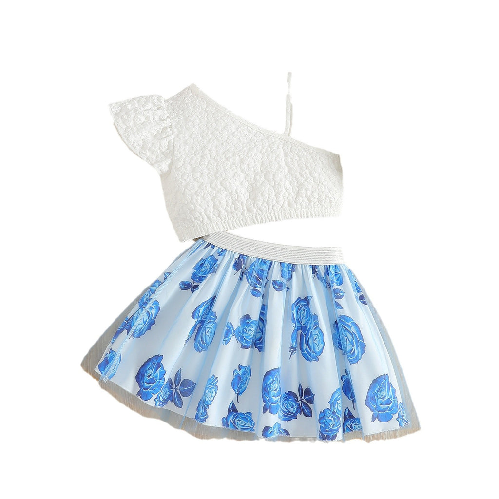 The Azure Rose | Girls’ Fairy-Style Blue Floral Pleated Summer Skirt