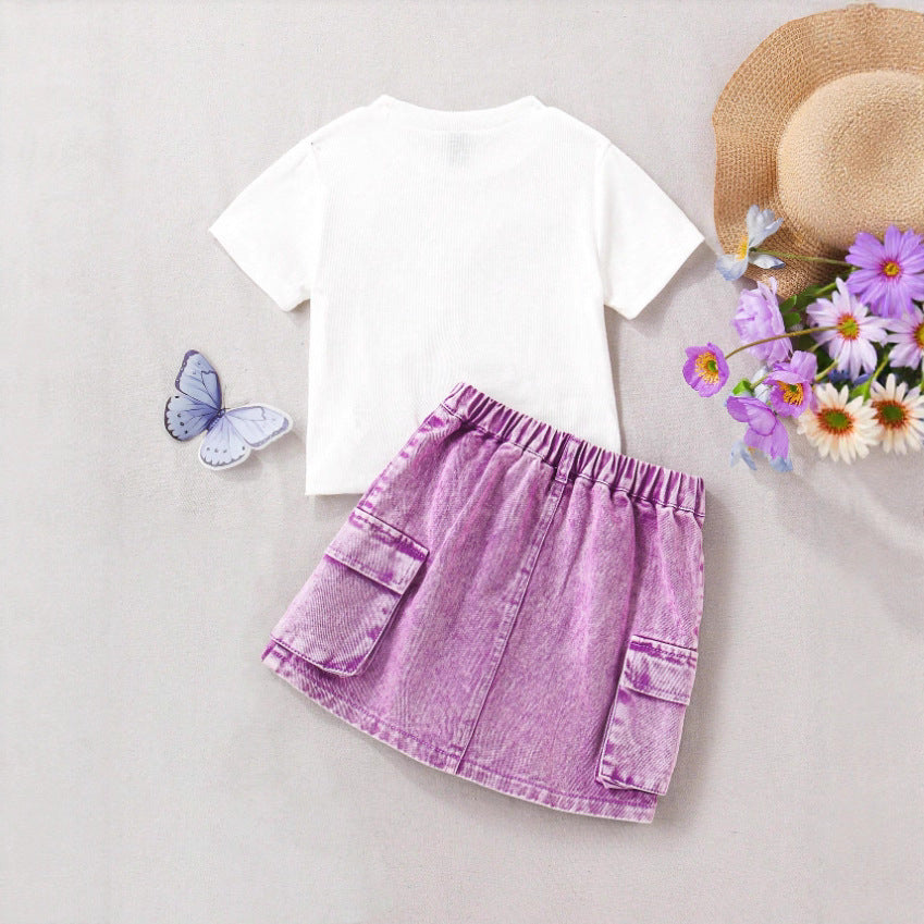 Girls Western Bow-Embroidered Set - Denim Skirt Trendy Outfit