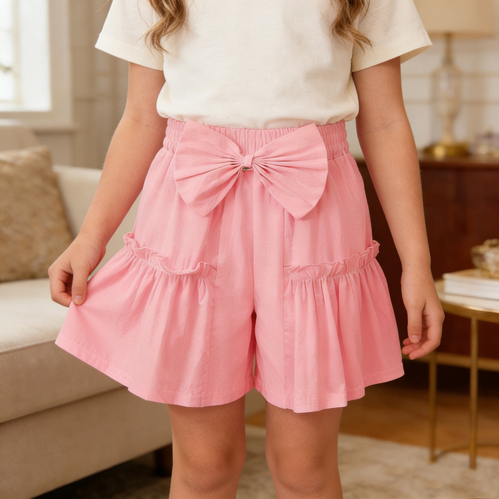 The Meadow Blossom | Girls' Pure Cotton Short-Sleeve Bow Culottes Summer Two-Piece Suit
