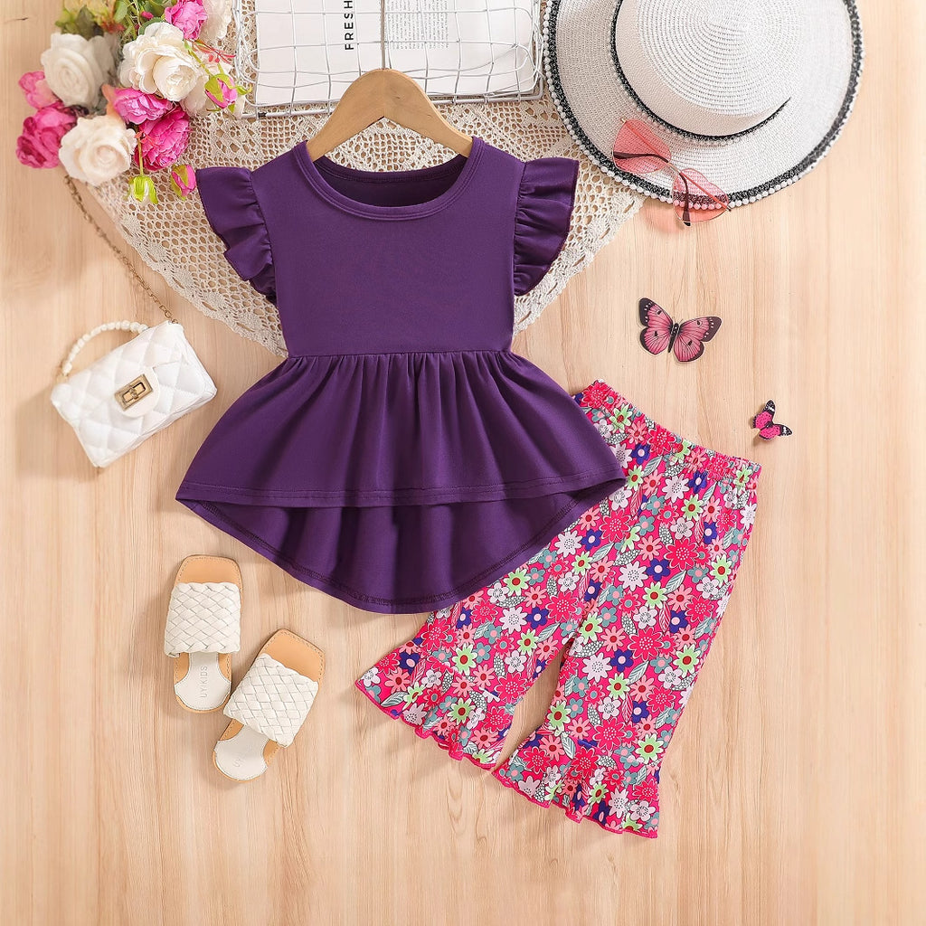 The Blossom-Breeze | Girls’ 2026 "Lotus Leaf" Ruffle Top & Floral Pant Set