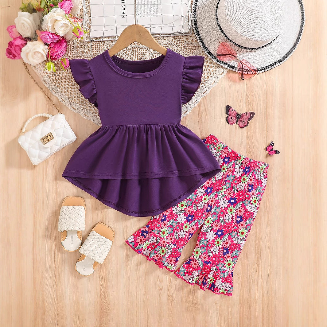 The Blossom-Breeze | Girls’ 2026 "Lotus Leaf" Ruffle Top & Floral Pant Set