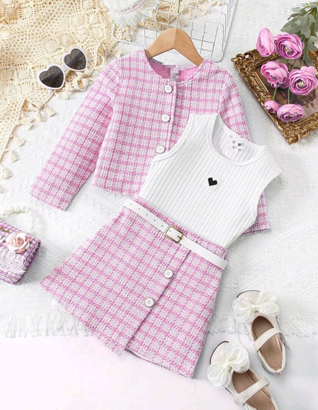 Girls Western Style "Small Fragrant" Plaid Set - Long-Sleeve Jacket, Vest Dress & Belt