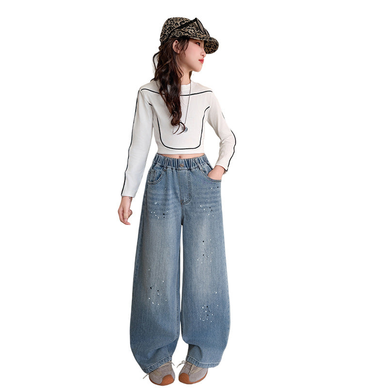 The Artisan Echo | Girls' Printed Floor-Length Wide-Leg Jeans