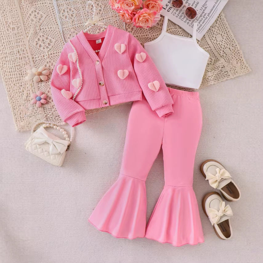 Girls Western Flower Knit Set - 3-Piece Bell Bottom Outfit
