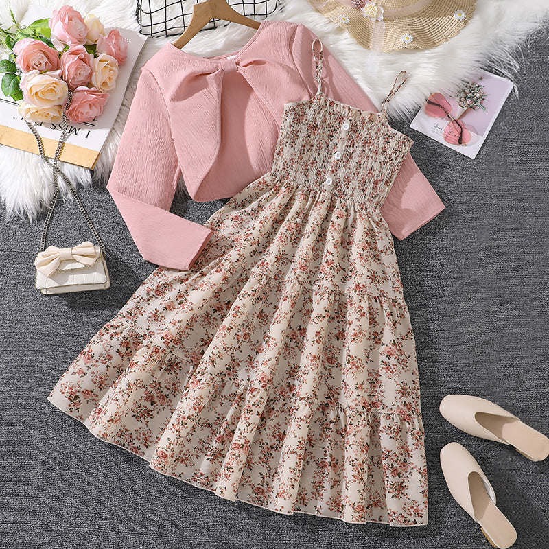 Girls Sweet Suspender Dress with Long Sleeve Jacket | Spring Two Piece Set