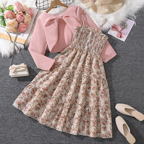 Girls Floral Suspender Dress with Long Sleeve Jacket | Spring Two Piece Set
