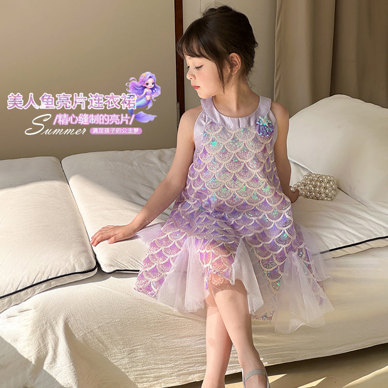 Girls Sequined Mermaid Princess Dress - Summer Cotton Lined Party Gown