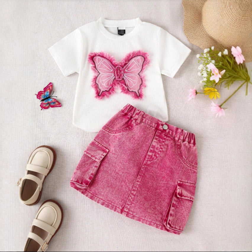 Girls Western Bow-Embroidered Set - Denim Skirt Trendy Outfit