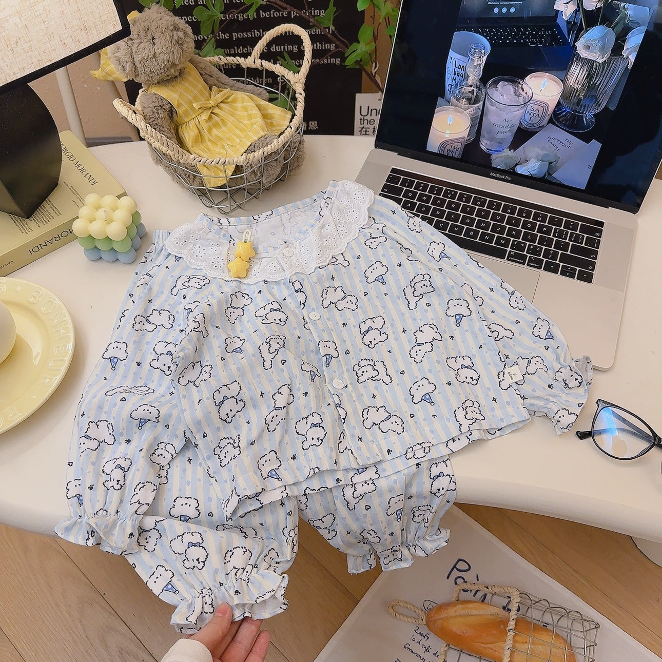 Girls Lace Pajamas Set |Summer Pure Cotton Loungewear Double Layer