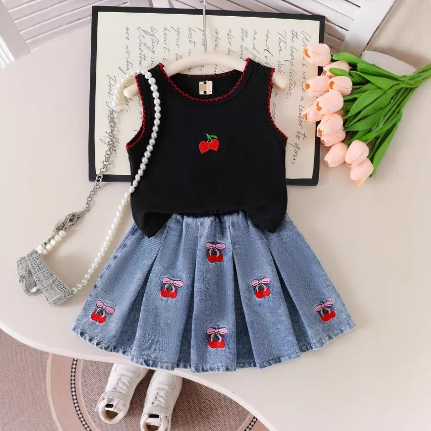 Girls Dogtooth Sleeveless Top - Cherry Embroidered Pleated Denim Skirt Set