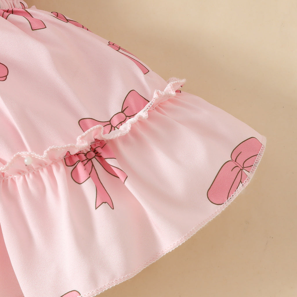 The Pink Peony | Baby Girl’s Bowknot Print Square Neck Romper Dress