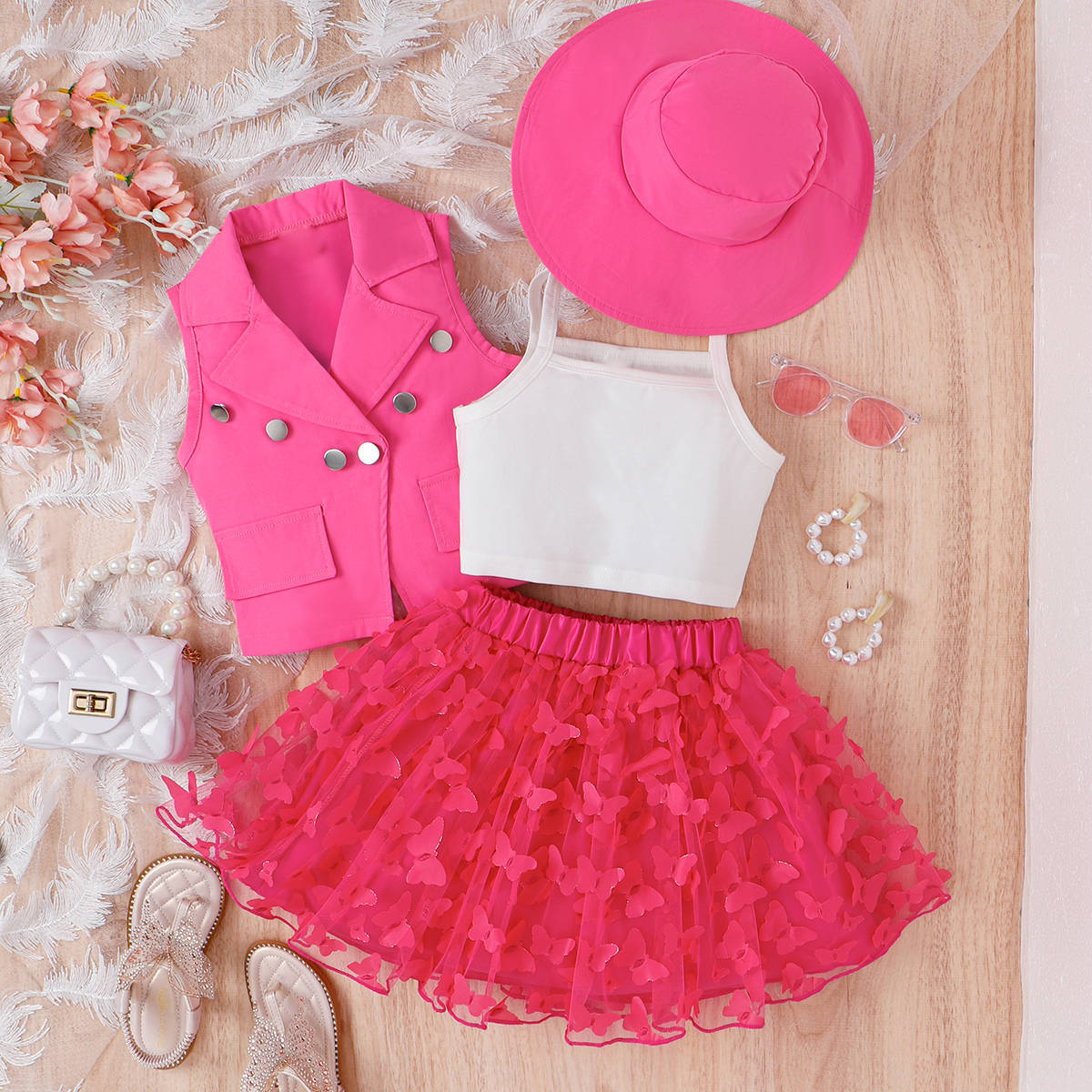 Candy Dream | Girls Lapel Jacket, Butterfly Mesh Skirt & Hat 4-Piece Set