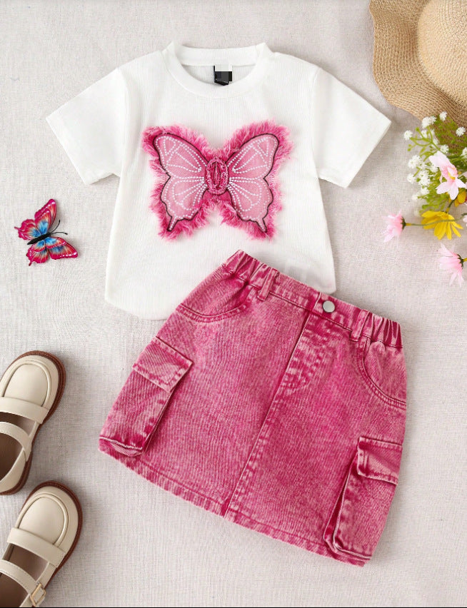 Girls Western Bow-Embroidered Set - Denim Skirt Trendy Outfit
