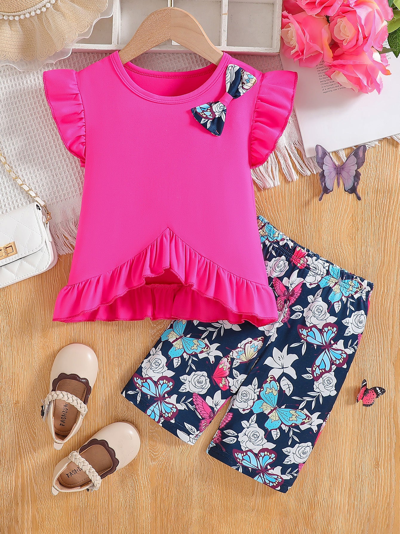 The Petal-Pop | Girls’ Summer Bow & Flower Full-Print Flying Sleeve Set