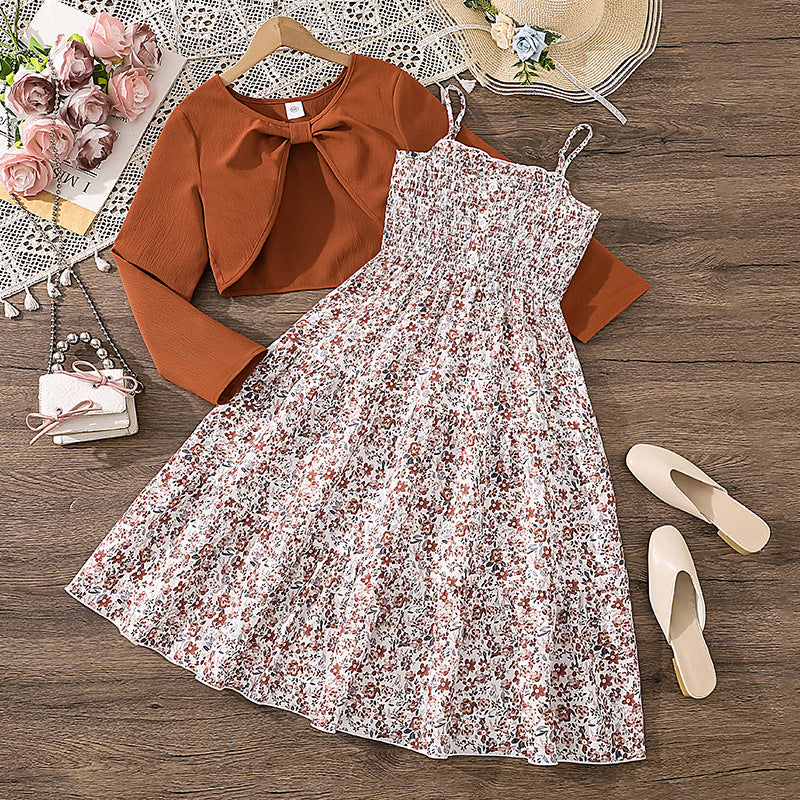 Girls Floral Suspender Dress with Long Sleeve Jacket | Spring Two Piece Set