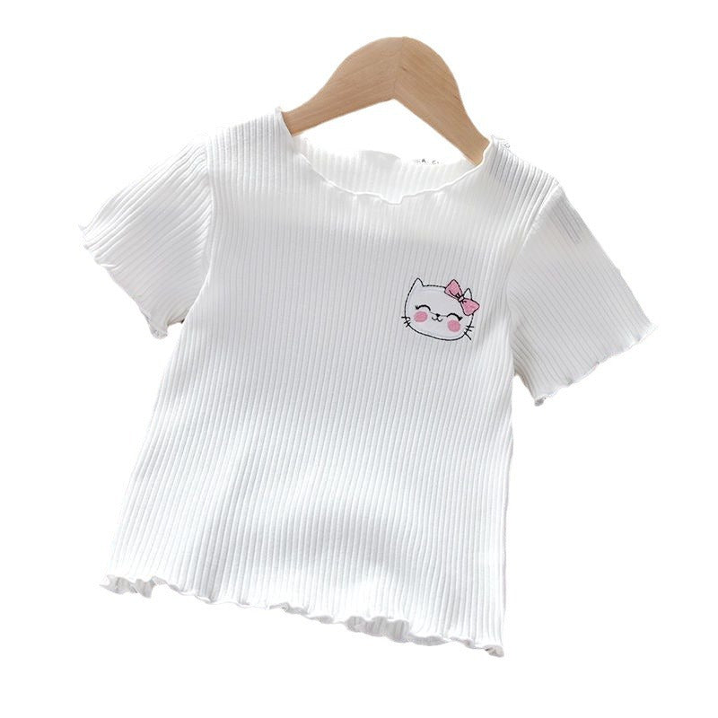 Girls Ice Silk Short Sleeve T-Shirt - Cute Embroidered Summer Lettuce Edge Top