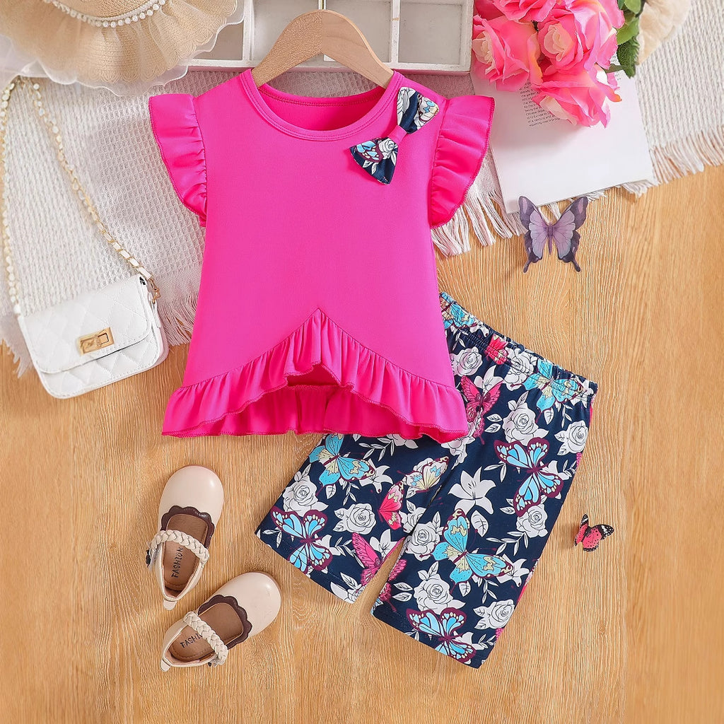 The Petal-Pop | Girls’ Summer Bow & Flower Full-Print Flying Sleeve Set