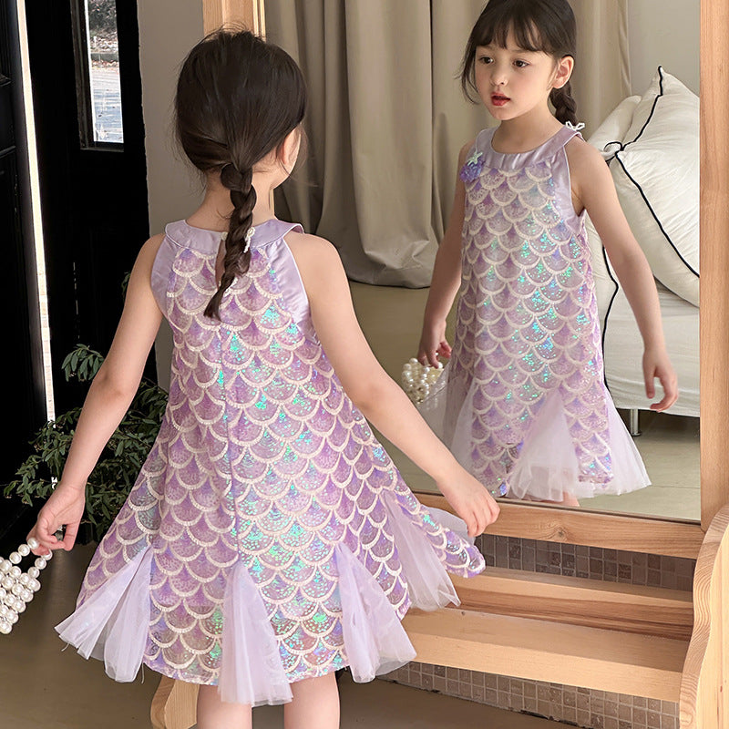 Girls Sequined Mermaid Princess Dress - Summer Cotton Lined Party Gown