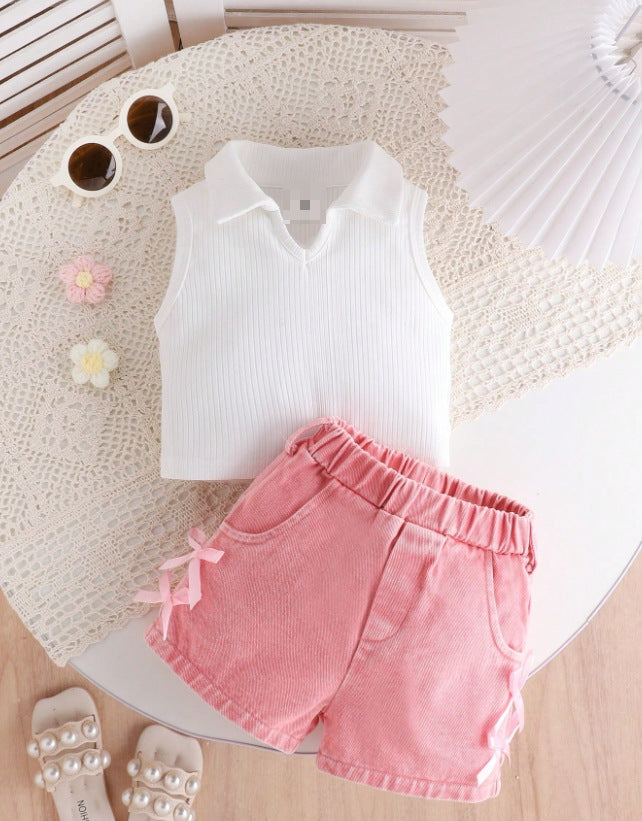 Girls Western Style Denim Set - Sleeveless Stand Collar Outfit
