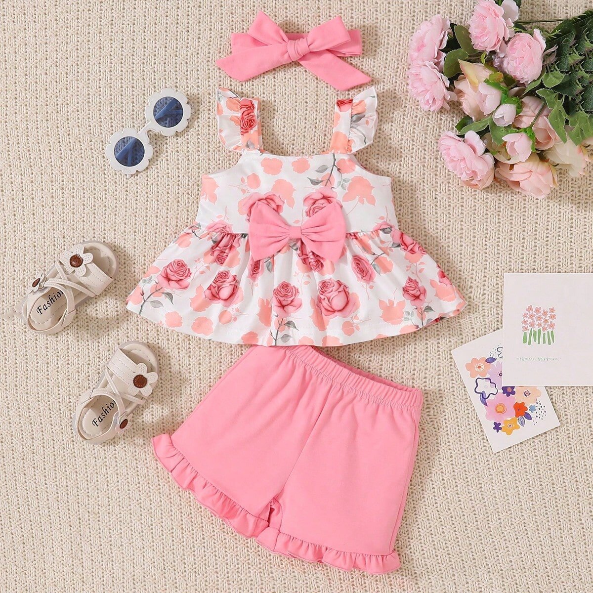 The Petal Picnic | Girls’ Floral Suspender Top & Solid Shorts 2-Piece Set