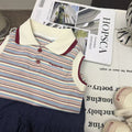 Girls Korean Style Striped Vest - Navy Blue Pleated Culottes 2 Piece Set