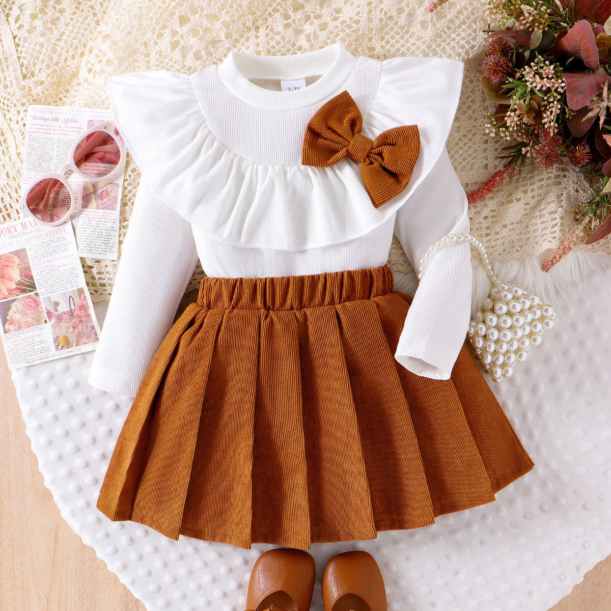 Girls Sweet Bow Ruffle Collar Set - Autumn Fashion Skirt Outfit