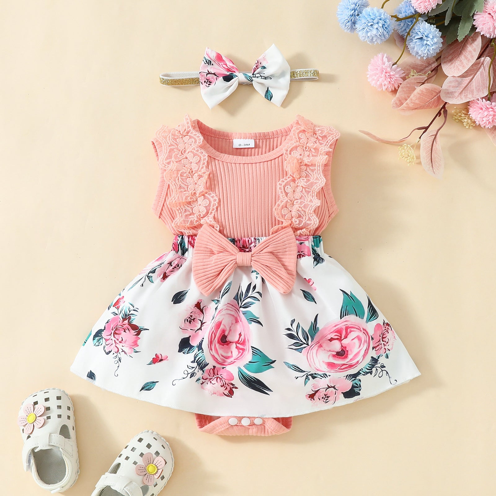 The Petal Play | Baby Girl Sleeveless Floral Triangle Romper Dress