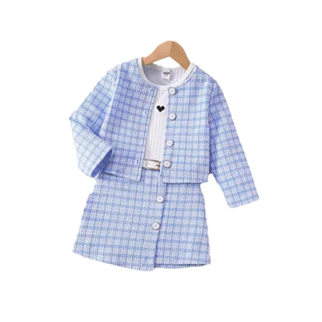 Girls Western Style "Small Fragrant" Plaid Set - Long-Sleeve Jacket, Vest Dress & Belt