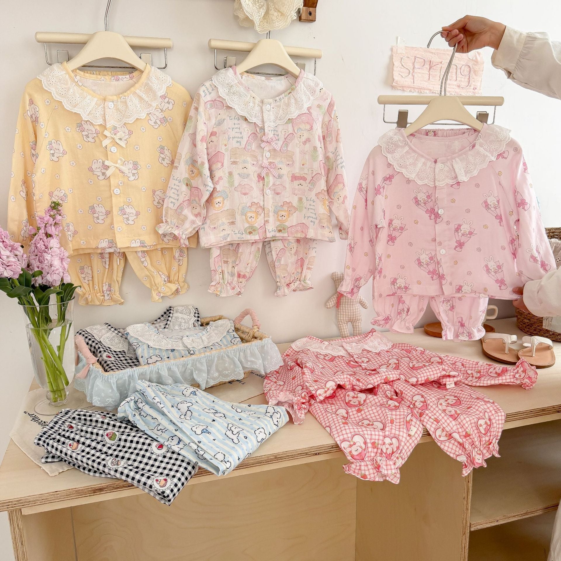 Girls Lace Pajamas Set |Summer Pure Cotton Loungewear Double Layer