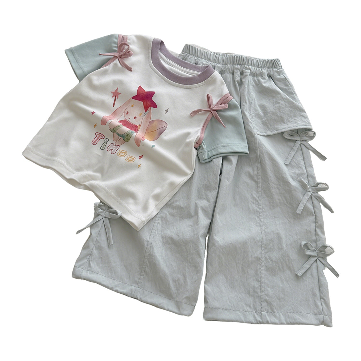 Girls Trendy Ammonia Cotton Shoulder-Slit T-Shirt - Pleated Bow Pants Set