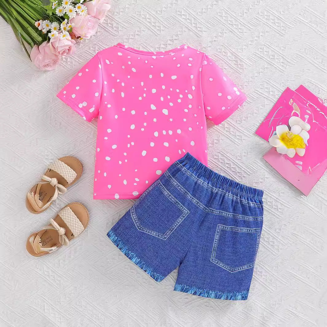 The Purr-fect Companion | Girls’ Big-Eyed Cat Cartoon Tee & Summer Suit