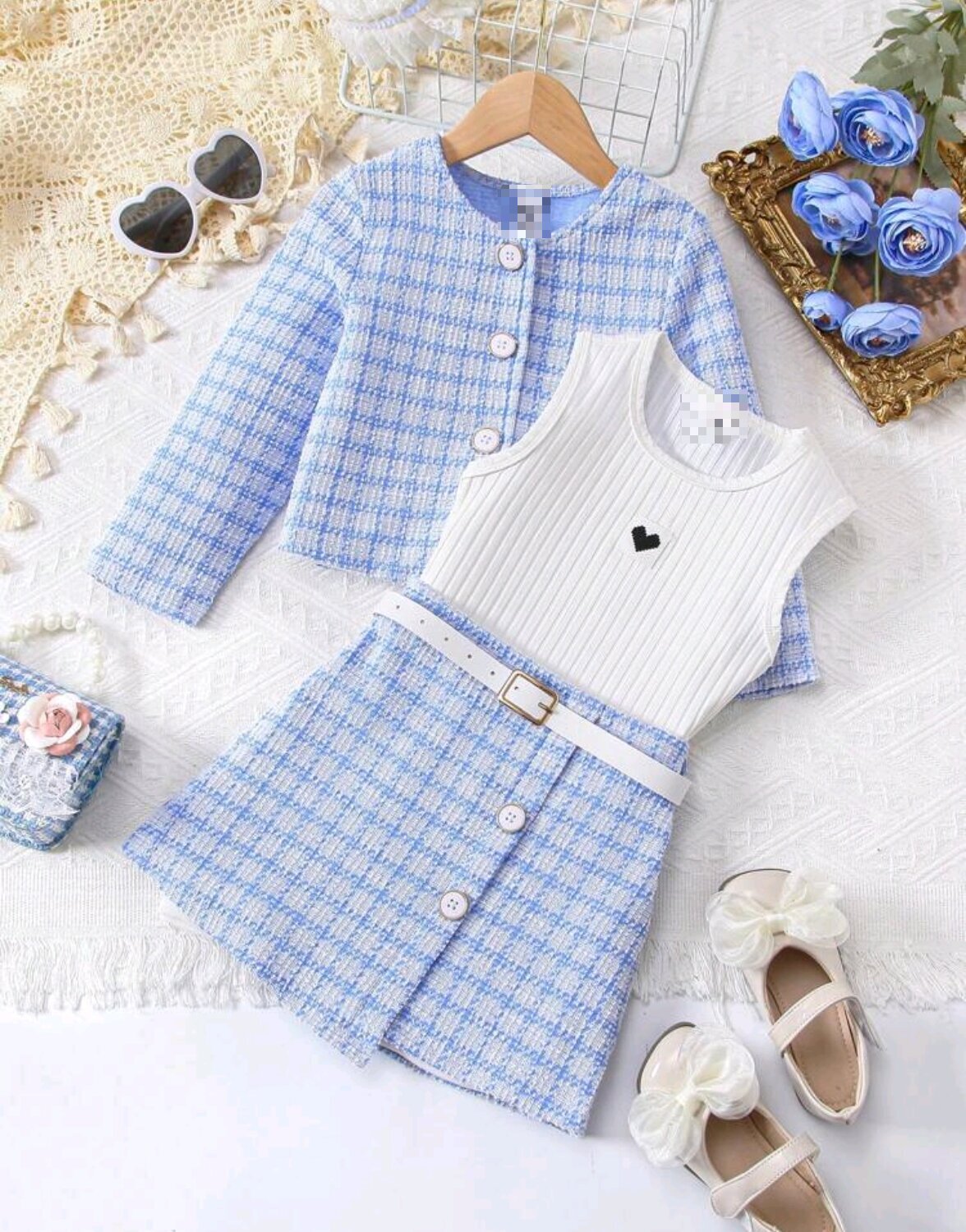 Girls Western Style "Small Fragrant" Plaid Set - Long-Sleeve Jacket, Vest Dress & Belt