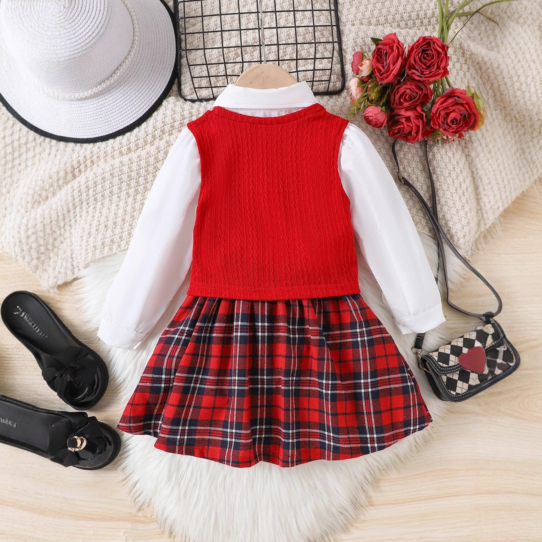 Girls Christmas Plaid 3-Piece Set - Knitted Vest & Shirt Outfit
