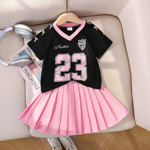 Girls College Style Princess Set - V-Neck Letter Print Outfit