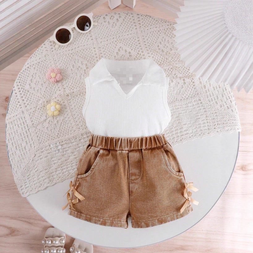 Girls Western Style Denim Set - Sleeveless Stand Collar Outfit