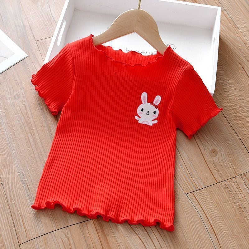 Girls Ice Silk Short Sleeve T-Shirt - Cute Embroidered Summer Lettuce Edge Top