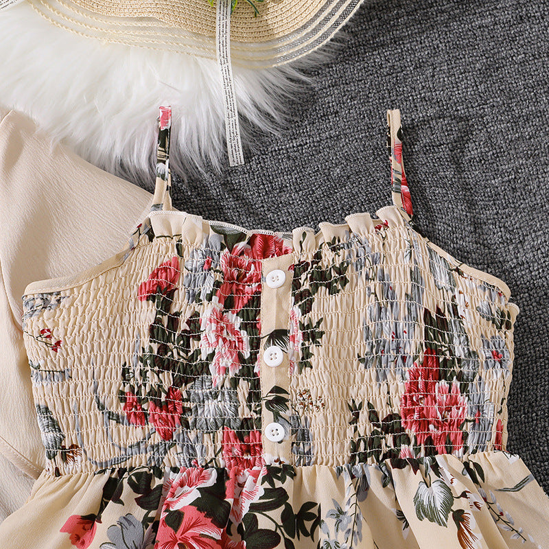 Girls Floral Suspender Dress with Long Sleeve Jacket | Spring Two Piece Set