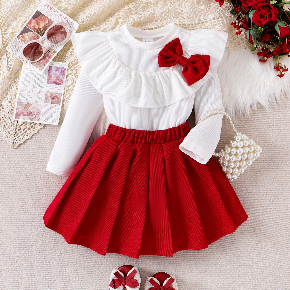 Girls Sweet Bow Ruffle Collar Set - Autumn Fashion Skirt Outfit